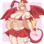 abs accessory biceps big_breasts big_muscles bikini bikini_top blonde_hair bottomwear bow_(feature) bow_accessory bow_ribbon breasts clothed clothing colored_nails ear_piercing female furgonomics hair huge_breasts humanoid_pointy_ears muscular muscular_female muscular_humanoid nails not_furry piercing pointy_ears quads red_eyes ribbons skirt solo swimwear tail tail_accessory tail_bow tail_ribbon two-piece_swimsuit wings pinkdiablo disgaea nippon_ichi_software flonne demon humanoid 1:1 2021 absurd_res hi_res