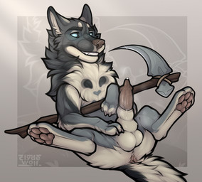 animal_genitalia animal_penis anus ball balls bodily_fluids brown_anus brown_penis butt canine_genitalia canine_penis erection feral fur genital_fluids genitals holding_object knot knot_in_sheath lipsticking looking_at_viewer male melee_weapon pawpads paws penis polearm scythe sheath simple_background smile solo tail tan_anus tan_penis weapon white_balls white_sheath clyde_wolf canid canine canis mammal digital_media_(artwork) hi_res
