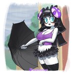 1:1 absurd_res animal_crossing anthro big_breasts black_hair black_lipstick bovid breasts caprine cleavage clothed clothing female hair hi_res legwear lipstick looking_at_viewer makeup mammal midriff minus8 muffy_(animal_crossing) navel nintendo open_mouth open_smile raining sheep shirt smile solo tank_top thigh_highs topwear umbrella