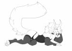 4_ears anthro armwear claws clothed clothing fangs female fluffy fluffy_tail hair horn legwear lingerie long_hair multi_ear panties simple_background smile solo tail teeth underwear white_background halbean guild_wars purna_whitewillow charr felid mammal absurd_res hi_res monochrome