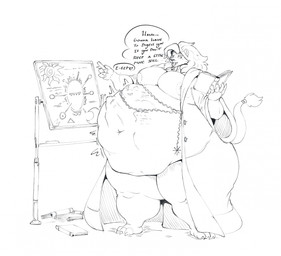 abdominal_bulge accessory anthro anthro_pred belly big_belly book chain chalk chalkboard claws clothed clothing dialogue digestion face_imprint furgonomics gem hair_accessory hand_behind_head hand_imprint imprint jewelry male male_pred moobs navel neckwear nipples open_clothing open_robe oral_vore overweight overweight_anthro overweight_male reading reading_book robe robe_only simple_background solo speech_bubble squirming struggling struggling_prey tail tail_accessory tail_tuft text thick_thighs tuft vore wide_hips darkcresentskymin hugo_(darkcresentskymin) felid lion mammal pantherine english_text hi_res