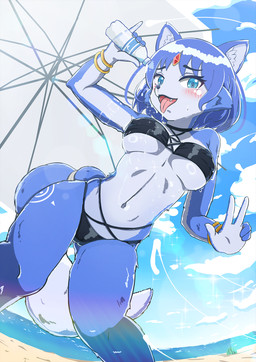 anthro bikini bikini_only black_bikini_bottom black_bikini_top blue_arms blue_body blue_ears blue_eyes blue_fingers blue_fur blue_hair blue_hands blue_legs blue_tail blush bottle breasts camel_toe cheek_tuft clothed clothing container eyebrows facial_tuft fangs female fur fur_tuft gesture hair hand_gesture low-angle_view medium_breasts navel nipple_outline open_mouth pink_tongue swimwear tail teeth thick_thighs tongue tongue_out tuft two-piece_swimsuit under_boob v_sign water water_bottle wide_hips angeal nintendo star_fox krystal_(star_fox) canid canine fox mammal 2024 hi_res