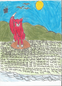feral fur grass_field looking_at_viewer nature open_mouth outside red_body red_fur sea sky solo sun toony water unknown_artist arthropod butterfly canid canine fox insect lepidopteran mammal hi_res