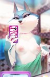 2023 5_fingers anthro areola blep blurred_background breasts canid canine canis cellphone claws electronics eyelashes fangs female finger_claws fingers fur hi_res holding_cellphone holding_object holding_phone holding_smartphone illumination_entertainment mammal mirror_selfie multicolored_body multicolored_fur nipples phone porsha_crystal selfie sing_(movie) smartphone solo teeth tongue tongue_out tsampikos two_tone_body two_tone_fur wolf