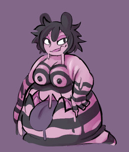 areola belly_mouth big_breasts black_goo black_hair black_nipples breasts drippy eyeshadow female hair long_ears makeup nipples not_furry pink_areola solo striped_body stripes tongue tongue_out underbite pester goo_creature humanoid colored