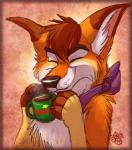 ambiguous_gender beverage brown_hair chest_tuft clothing coffee eyes_closed feral food fur hair kerchief orange_body orange_fur solo tuft blondefoxy canid canine canis dingo mammal 2014