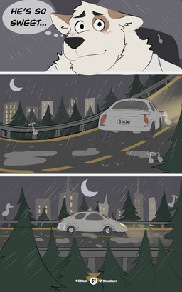 anthro biped black_eyes black_nose car car_interior city city_background closed_smile clothed clothing detailed_background driving driving_car ears_down fully_clothed fur fur_markings hair male manly markings monotone_body monotone_fur moon mouth_closed music musical_note musical_symbol neck_tuft night overweight overweight_anthro overweight_male patreon_logo patreon_username pivoted_ears plant pseudo_hair raining short_hair side_view smile solo speech_bubble symbol text thought_bubble topwear tree tuft twitter_logo vehicle white_body white_fur vitashi patreon twitter canid canine canis domestic_dog mammal 2024 absurd_res artist_name comic detailed digital_media_(artwork) english_text hi_res sequence signature