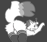 anthro ass_up backsack balls black_body black_fur butt clothing domestic_cat felid feline felis fluffy fur genitals grey_body grey_fur hi_res highlights_(coloring) inner_ear_fluff legwear looking_at_viewer male mammal mandiocatt nude question_mark rear_view simple_background solo tail thigh_highs tuft whiskers white_body white_fur