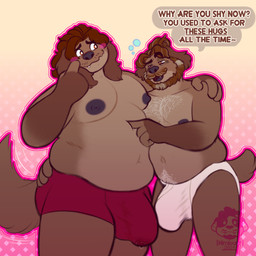age_difference anthro anthro_on_anthro areola beard belly belly_overhang belly_squish big_areola big_belly big_bulge blush bodily_fluids body_hair bubble bulge chest_hair clothed clothing dialogue drunk drunk_bubble duo erection erection_under_clothing eyebrows facial_hair flustered fur genital_fluids hair hair_bun huge_bulge male male/male mature_anthro mature_male moobs mustache narrowed_eyes navel nipples outline overweight overweight_anthro overweight_male pink_background pink_outline precum precum_through_clothing precum_through_underwear pubes simple_background size_difference smile squish standing substance_intoxication text topless topless_anthro topless_male tuft underwear underwear_only wet wet_clothing wet_underwear himburr hazel_(himburr) canid canine canis domestic_dog mammal 1:1 2024 english_text hi_res watermark incest_(lore) nephew_(lore) uncle_(lore) uncle_and_nephew_(lore)