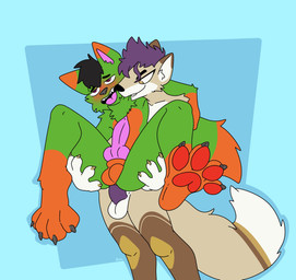 4_fingers 4_toes anal anal_penetration animal_genitalia animal_penis ankle_tuft anthro anthro_on_anthro anthro_penetrated anthro_penetrating anthro_penetrating_anthro arm_around_neck arm_around_partner arm_tuft balls bite black_eyeliner black_hair blue_background blush blush_lines brown_body brown_fur canine_genitalia canine_penis cheek_tuft chest_tuft claws duo erection eyeliner facial_tuft fangs feet finger_claws fingers from_behind_position full_nelson full_nelson_(legs_held) full_nelson_position fur genitals gloves_(marking) green_body green_fur grey_claws grey_nose hair hair_strand half-closed_eyes humanoid_genitalia humanoid_penis in_heat knot knotted_penis leg_markings leg_tuft looking_at_another looking_at_partner makeup male male/male male_penetrated male_penetrating male_penetrating_male markings mohawk multicolored_body narrowed_eyes neck_bite neck_tuft nude orange_body orange_fur pawpads paws penetration penile penile_penetration penis penis_in_ass pink_penis pink_tongue purple_hair purple_penis raised_foot red_pawpads sex shoulder_tuft simple_background smile smirk smug smug_face smug_grin socks_(marking) standing standing_sex tail tail_tuft tan_body tan_fur teeth toe_claws toes tongue tongue_out tuft white_body white_fur wrist_tuft yellow_claws xing1 fern_the_fox canid canine canis domestic_dog fox mammal shiba_inu spitz digital_media_(artwork) flat_colors hi_res