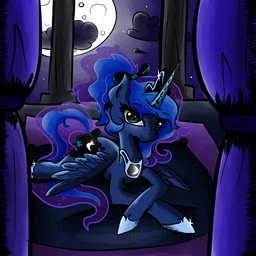 accessory bed blue_body blue_eyes blue_feathers bow_(feature) bow_accessory bow_ribbon crown curtains cutie_mark dark_clouds feathered_wings feathers female furgonomics furniture hair headgear horn moon multicolored_hair ponytail ribbons solo tail tail_accessory tail_bow tail_ribbon tiara two_tone_hair wings evehly friendship_is_magic hasbro my_little_pony mythology princess_luna_(mlp) equid equine mammal mythological_creature mythological_equine winged_unicorn 1:1 2013 digital_media_(artwork)