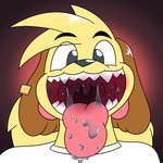 1:1 absurd_res anthro bared_teeth blonde_hair canid canine canis close-up dirtymac domestic_dog ear_piercing fur hair hi_res imminent_vore mac-daddy male mammal mouth_shot open_mouth piercing teeth teeth_showing yellow_body yellow_fur