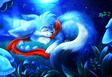 ambiguous_gender blue_body blue_fur detailed_background feral forest fungus fur grass light log mushroom plant scarf sleeping solo tree white_body white_fur wood chibity canid canine canis domestic_dog husky mammal nordic_sled_dog spitz cool_colors lighting