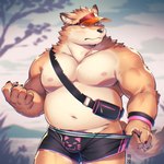 anthro belly big_belly blush brown_body brown_fur bulge clothing detailed_background front-print_underwear fur humanoid_hands kemono male moobs musclegut muscular nipples outside overweight overweight_male plant solo tree underwear hinami canid canine canis domestic_dog mammal 1:1 2022