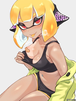 band-aid bandage bodily_fluids bra breasts clothing eyewear facial_markings female head_markings jacket markings mask_(marking) navel one_breast_out pasties pseudo_hair solo sports_bra sweat tentacle_hair tentacles tongue tongue_out topwear underwear jtveemo nintendo splatoon agent_4_(splatoon) inkling_girl surume_(splatoon) animal_humanoid aquatic aquatic_humanoid cephalopod cephalopod_humanoid humanoid inkling mammal mollusk mollusk_humanoid signature