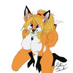 anthro big_breasts breasts ear_piercing ear_ring facial_piercing female gem hair jewelry kneeling looking_at_viewer looking_up necklace nipples nose_piercing nose_ring nude piercing ponytail ring_piercing septum_piercing septum_ring solo deerwalker canid canine fox mammal 1:1 hi_res