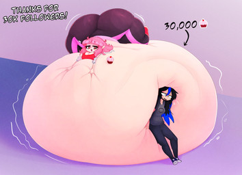 belly big_belly big_butt black_hair blue_eyes blue_highlights bottomwear breath butt clothing cupcake directional_arrow duo female food hair highlights_(coloring) huge_belly huge_butt huge_thighs humanoid_pointy_ears hyper hyper_belly hyper_butt hyper_thighs larger_female milestone motion_lines not_furry open_mouth open_smile panting pants pink_hair pointy_ears red_eyes shirt size_difference smaller_female smile stuffing text thick_thighs topwear wide_eyed mysterydad elise_(mysterydad) viola_(mysterydad) human humanoid mammal vampire 2024 hi_res