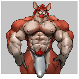 5_fingers abs anthro backwards_baseball_cap backwards_hat barazoku baseball_cap beard biceps big_bulge big_muscles biped black_claws body_hair bulge chest_hair cigarette claws clothed clothed_anthro clothed_male clothing detailed_bulge dog_tags facial_hair finger_claws fingers fur genital_outline genitals green_eyes hair hair_through_hat happy_trail hat headgear headwear huge_bulge huge_muscles humanoid_genitalia humanoid_hands humanoid_penis jockstrap looking_at_viewer male male_anthro multicolored_body multicolored_fur muscular muscular_anthro muscular_male navel nipples pecs penis penis_outline pink_nipples pink_nose pubes quads red_beard red_body red_facial_hair red_fur red_hair simple_background solo standing topless topless_anthro topless_male triceps two_tone_body two_tone_fur underwear underwear_only white_body white_fur oldshep andrew_jr kangaroo macropod mammal marsupial red_kangaroo 1:1 2020 signature