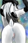 anthro anus biped black_hair butt female fur genitals hair looking_back pussy raised_tail red_eyes solo tail white_body white_fur naaby lagomorph leporid mammal rabbit 2:3 low_res