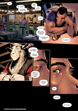 alcohol anthro bar beverage chair clothed clothing detailed_background detailed_fur dialogue duo fur furniture glistening glistening_eyes hair horn lyrics male solo speech_bubble talking_to_self text purplebirdman josh_(purplebirdman) bovid bovine caprine cattle goat mammal comic detailed english_text url