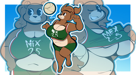 3_toes 4_fingers :3 accessory action_pose anthro ball big_breasts black_eyes bottomwear breasts brown_body brown_fur brown_hair cleavage clothed clothing clothing_lift countershade_fur countershade_snout countershade_torso countershading crop_top ear_tuft eyelashes feet female fingers form_fitting fur green_bottomwear green_clothing green_shirt green_shorts green_topwear hair hair_accessory hair_tie holding_ball holding_object mexico motion_lines navel one_eye_closed outline overweight overweight_female ponytail pose round_ears shirt shirt_lift shorts snout solo sport toes topwear tuft under_boob volleyball white_outline wink gabbah petunia_(gabbah) bear mammal 2025 hi_res