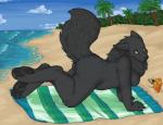 all_fours anthro beach black_body black_fur breasts butt casual_nudity cloud detailed_background feet female fur hindpaw looking_at_viewer neck_tuft nude nude_beach on_towel outside paws raised_tail sand seaside sky smile solo tail towel tuft yellow_eyes hush-a-bye canid canine canis mammal wolf