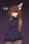 anthro birthday blush breasts brown_body brown_fur brown_hair clothed clothing eyes_closed female fur hair hat headgear headwear markings party_hat party_horn smile solo spots spotted_markings sweater text topwear riverroo crumb_(riverroo) domestic_cat felid feline felis mammal hi_res