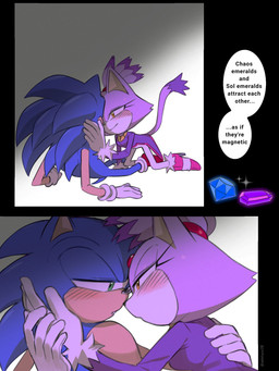 anthro bedroom_eyes blush chaos_emerald clothing cupping_face duo eye_contact female footwear gem gloves green_eyes hair hand_on_back hand_on_face handwear hero high_heels imminent_kiss looking_at_another male male/female narrowed_eyes ponytail princess romantic romantic_couple royalty seductive shoes smile sol_emerald speech_bubble text yellow_eyes yeoon sega sonic_the_hedgehog_(series) blaze_the_cat sonic_the_hedgehog domestic_cat eulipotyphlan felid feline felis hedgehog mammal 3:4 comic english_text hi_res