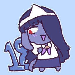 anthro blue_hair blush bottomwear chibi clothing female fur hair hair_over_eye hitaikakushi long_ears long_hair looking_away number purple_body purple_fur red_eyes shirt skirt smile solo tail topwear white_clothing white_shirt white_topwear 90percentdenny 90_percent_studios purrfect_apawcalypse ginger_claret bloodhound canid canine canis domestic_dog ghost hunting_dog mammal scent_hound spirit 1:1 promotional_material