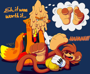 3_toes anthro belt big_feet big_uvula blush blush_lines bottomwear cartoon_gloves clothing duo feet food gesture hand_gesture laugh lying male male/male on_back open_mouth pants pastry paws pie pointing pointing_at_another red_tongue shorts soles tail thought_bubble toes tongue toony uvula wearing_gloves wide_tongue marquis2007 marquis_(marquis2007) monty_(tamerkoh) canid canine fox haplorhine mammal monkey primate absurd_res alpha_channel hi_res