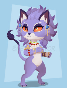 anthro chibi countershading ear_piercing eyeshadow female fluffy fluffy_hair fur hair jewelry makeup necklace piercing purple_body purple_fur purple_hair solo tail tail_tuft tuft energyvector mana_(series) square_enix trials_of_mana belladonna_(trials_of_mana) felid mammal hi_res lineless