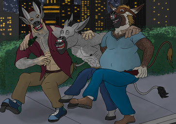 alcohol anthro belly beverage braying bros_being_bros city city_background clothed clothing drunk fur group growth hee_haw hooves hypnodonk male mask muscular night party_mask snout snout_growth species_transformation standing substance_intoxication tail tail_growth topless topless_male torn_shoes transformation trio hawkin transformaytion transformaytion2026 asinus donkey equid equine mammal absurd_res hi_res