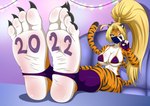 4_toes 5_fingers anthro barefoot big_breasts big_feet blonde_hair breasts claws clothed clothing feet female fingers foot_fetish foot_focus fur hair holidays humanoid_feet ninja plantigrade soles solo toe_claws toes warrior yellow_eyes the_dark_mangaka chinese_zodiac new_year year_of_the_tiger jew-le felid mammal pantherine tiger 2022 absurd_res digital_media_(artwork) hi_res