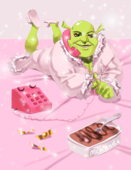 5_fingers arm_hair arms_bent bed bent_legs black_eyebrows body_hair brown_eyelashes brown_eyes candy closed_smile clothed clothed_humanoid clothed_male clothing cutlery dessert ear_stalk electronics eyebrows eyelashes fingers food furniture green_body green_skin happy kitchen_utensils light lips lying lying_on_bed male male_humanoid mouth_closed not_furry on_bed on_call on_front phone pink_clothing pink_lips pink_robe pink_slippers pudding robe smile solo sparkles spoon text tools mskend_a dreamworks shrek_(series) shrek_(character) humanoid ogre 2024 artist_name colored digital_drawing_(artwork) digital_media_(artwork) english_description hi_res lighting shaded