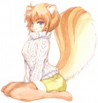 anthro biped blue_eyes buckteeth cable_knit_jersey clothing female kneeling simple_background solo sweater tail teeth topwear white_background hirokazu mammal rodent sciurid tree_squirrel