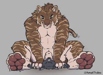 anthro brown_pawpads dipstick_ears duo ear_markings grimace male male/male multicolored_ears musclegut muscular pawpads paws pinned pinned_by_hand pinned_to_ground sitting sitting_on_another size_difference slightly_chubby smile smirk smirking_at_another tail tail_motion tailwag weight_difference howellthabear coal_(samt517) kurroe felid mammal prehistoric_species saber-toothed_tiger