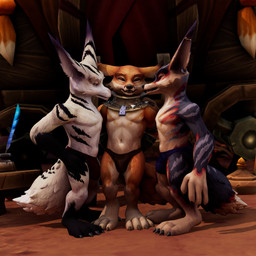 anthro big_bulge bulge clothed clothing detailed_bulge fur genital_outline green_eyes grey_body grey_fur group male male/male outside topless topless_anthro topless_male trio underwear nuber blizzard_entertainment warcraft canid canine canis fox mammal vulpera 1:1 absurd_res hi_res