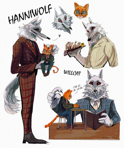 alternate_universe alternative_fashion anthro black_clothing blue_clothing book bottomwear carrying_another cheek_tuft claws clothing computer cosplay dialogue duo electronics eyewear facial_tuft fluffy fluffy_tail food footwear fur furniture fuzzy glasses green_eyes grey_body grey_fur hand_held handheld heart_symbol holding_another holding_book holding_food holding_object holding_plate in_hand laptop looking_at_another looking_down male meat neck_tuft necktie open_mouth open_smile orange_body orange_fur pants plate red_clothing red_eyes ribs sharp_teeth shirt shoes simple_background sitting size_difference smile standing stool suit table tail teeth text topwear tuft typing whiskers white_background white_clothing mushbuzz_art dreamworks hannibal_(series) puss_in_boots_(franchise) death_(puss_in_boots) puss_in_boots_(dreamworks) canid canine canis domestic_cat felid feline felis mammal tabby_cat wolf hi_res multiple_images signature
