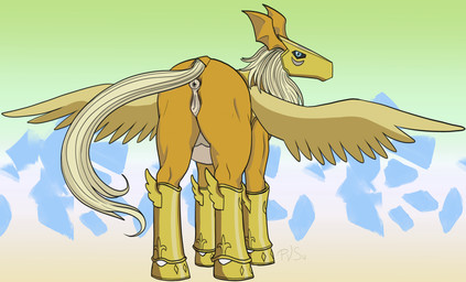 animal_genitalia animal_vulva anus armor blonde_hair boots clothing equine_anus equine_genitalia equine_vulva female female_feral feral footwear fur genitals hair headgear helmet long_hair mask orange_body orange_fur puffy_anus quadruped rear_view shoes solo standing teats vulva wings p.v.su bandai_namco digimon digimon_(species) pegasusmon hi_res