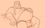 anthro bar beard belly big_bulge biped bottomwear bulge clothing detailed_bulge exposed_belly facial_hair hotpants male male_anthro muscle_shirt musclegut muscular overweight overweight_anthro overweight_male scratching_belly shirt shorts sitting solo spread_legs spreading tank_top topwear underwear chibsarts chibear bear mammal monochrome sketch