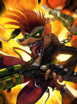 accessory alternative_fashion anthro barefoot bodily_fluids bottomwear bracelet brown_body brown_fur buckteeth claws clothed clothing ear_piercing ear_ring explosion eyewear facial_hair facial_piercing feet fingerless_gloves fur furgonomics glasses gloves goatee gun hair handwear holding_gun holding_object holding_ranged_weapon holding_weapon jacket jewelry leather leather_clothing leather_jacket leather_topwear looking_at_viewer male midair mohawk molotov_cocktail nose_piercing nose_ring notched_ear open_mouth open_smile orange_hair pants piercing punk ranged_weapon rat_tail red_bottomwear red_clothing red_pants ring_piercing saliva shirt smile solo spiked_bracelet spikes sunglasses tail tail_accessory tail_bracelet tail_jewelry teeth toes tongue tongue_out topwear weapon whiskers neo-tk league_of_legends riot_games tencent twitch_(lol) vandal_twitch mammal murid murine rat rodent 2017 alternate_version_at_source