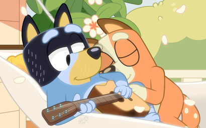 acoustic_guitar falling_leaves female guitar hammock male musical_instrument plucked_string_instrument string_instrument strumming veranda dm29 bluey_(series) bandit_heeler chilli_heeler australian_cattle_dog canid canine canis cattledog domestic_dog herding_dog mammal pastoral_dog 16:10 widescreen