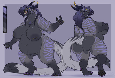 4_toes 5_fingers anthro areola barbell_piercing belly big_butt black_eyebrows black_horn black_pawpads border breasts butt chest_tuft claws crotch_tuft digit_ring dipstick_tail ear_piercing eyebrow_piercing eyebrows facial_piercing feet female finger_ring fingers fur genitals grey_background grey_body grey_border grey_fur grey_nipples hand_on_breast horn innie_vulva jewelry lip_piercing markings multicolored_body multicolored_fur navel nipple_dip nipple_piercing nipples nose_piercing overweight overweight_female pawpads piercing pink_tongue purple_claws ring sharp_teeth simple_background solo standing stripes tail tail_markings teeth toe_ring toes tongue tuft vulva yellow_eyes thatfat_cat guild_wars charr felid mammal hi_res shaded