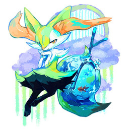 3_fingers 3_toes abstract_background alternate_color ambiguous_anthro ambiguous_feral ambiguous_gender anthro arm_tuft big_tail biped black_body black_fur cheek_tuft chest_tuft closed_smile digitigrade dipstick_tail duo facial_tuft feet feral fingers front_view fur green_body green_fur hip_tuft inner_ear_fluff looking_at_viewer markings mouth_closed nude_ambiguous nude_anthro object_in_tail orange_eyes orange_inner_ear_fluff orange_nose pointy_ears prick_ears shoulder_tuft smile solo_focus stick stick_in_tail tail tail_markings tapering_snout three-quarter_view toes translucent translucent_body tuft water white_body white_fur tattanbu nintendo pokemon aquatic braixen canid cyprinid cypriniform fish generation_6_pokemon goldfish mammal pokemon_(species) 1:1 2016 cel_shading colored digital_drawing_(artwork) digital_media_(artwork) full-length_portrait japanese_description portrait shaded translated_description