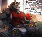 anthro beard beverage bulge coffee container cup facial_hair male mug muscular muscular_anthro muscular_male pecs solo text kantikttt mythology hogan_bayek canid canine mammal mythological_canine mythological_creature werecanid werecanine werecreature werewolf english_text hi_res