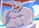 anthro beach belly biped blush food fur male moobs overweight overweight_anthro overweight_male seaside sitting solo water white_body white_fur 12beat13 utau shirane_kan bear mammal polar_bear ursine 2017