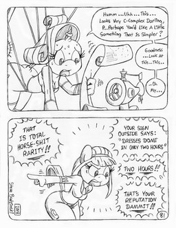 angry anthro bdsm big_butt bodily_fluids bondage bound boutique butt clothed clothed_anthro clothed_female clothing cutie_mark demanding dialogue dominant dominant_anthro dominant_female dominatrix duo eyelashes female fully_clothed fully_clothed_anthro fully_clothed_female horn horn_jewelry horn_ring inhibitor_ring instruction jewelry magic_inhibitor magic_suppression nervous partially_clothed_anthro partially_clothed_female pillow pincushion ring_(jewelry) scared sewing_machine sewing_needle spanking_machine speech_bubble stuttering submissive submissive_anthro submissive_female sweat sweaty_face text torture_device unicorn_horn wrapped_arms wrapped_legs yelling circe_(artist) friendship_is_magic hasbro my_little_pony mythology blue_nile_(mlp) rarity_(mlp) earth_pony equid equine horse mammal mythological_creature mythological_equine pony unicorn black_and_white comic english_text monochrome traditional_media_(artwork)