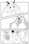 0rang3 2015 absurd_res anthro anthro_on_anthro barazoku big_muscles biped black_nose bodily_fluids border canid canine canis clothed clothing comic dialogue digital_drawing_(artwork) digital_media_(artwork) domestic_dog duo felid flying_sweatdrops front_view fur german_shepherd greyscale hat hat_only head_grab headgear headgear_only headwear headwear_only heart_symbol herding_dog hi_res high-angle_view huge_muscles humanoid_hands imminent_sex interspecies kemono libra_(0rang3) licking licking_lips lion malaysian male male/male mammal mane monochrome mostly_nude motion_lines muscular muscular_male nipples outside_border pantherine pastoral_dog pecs pictographics question_mark self_lick sheppie_(0rang3) side_view simple_background speech_bubble sweat sweatdrop tongue tongue_out topless watermark whiskers white_background