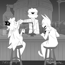 ambiguous_anthro ambiguous_gender anthro container cup drinking furniture group holding_container holding_cup holding_object male male_anthro open_mouth sitting spilled_drink stool trio beauty_snake cult_of_the_lamb massive_monster_(studio) lamb_(cult_of_the_lamb) leshy_(cult_of_the_lamb) narinder red_crown_(cult_of_the_lamb) bovid caprine domestic_cat felid feline felis mammal sheep 1:1 2024 absurd_res dated digital_drawing_(artwork) digital_media_(artwork) greyscale hi_res monochrome signature