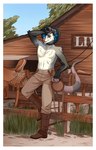 anthro blue_hair boots border bottomwear clothing cowboy_boots cowboy_hat footwear fur hair hat headgear headwear looking_at_viewer male saddle shirtless shirtless_male shoes smile solo spurs tail white_border agentmoose kalus american_opossum mammal marsupial virginia_opossum absurd_res hi_res